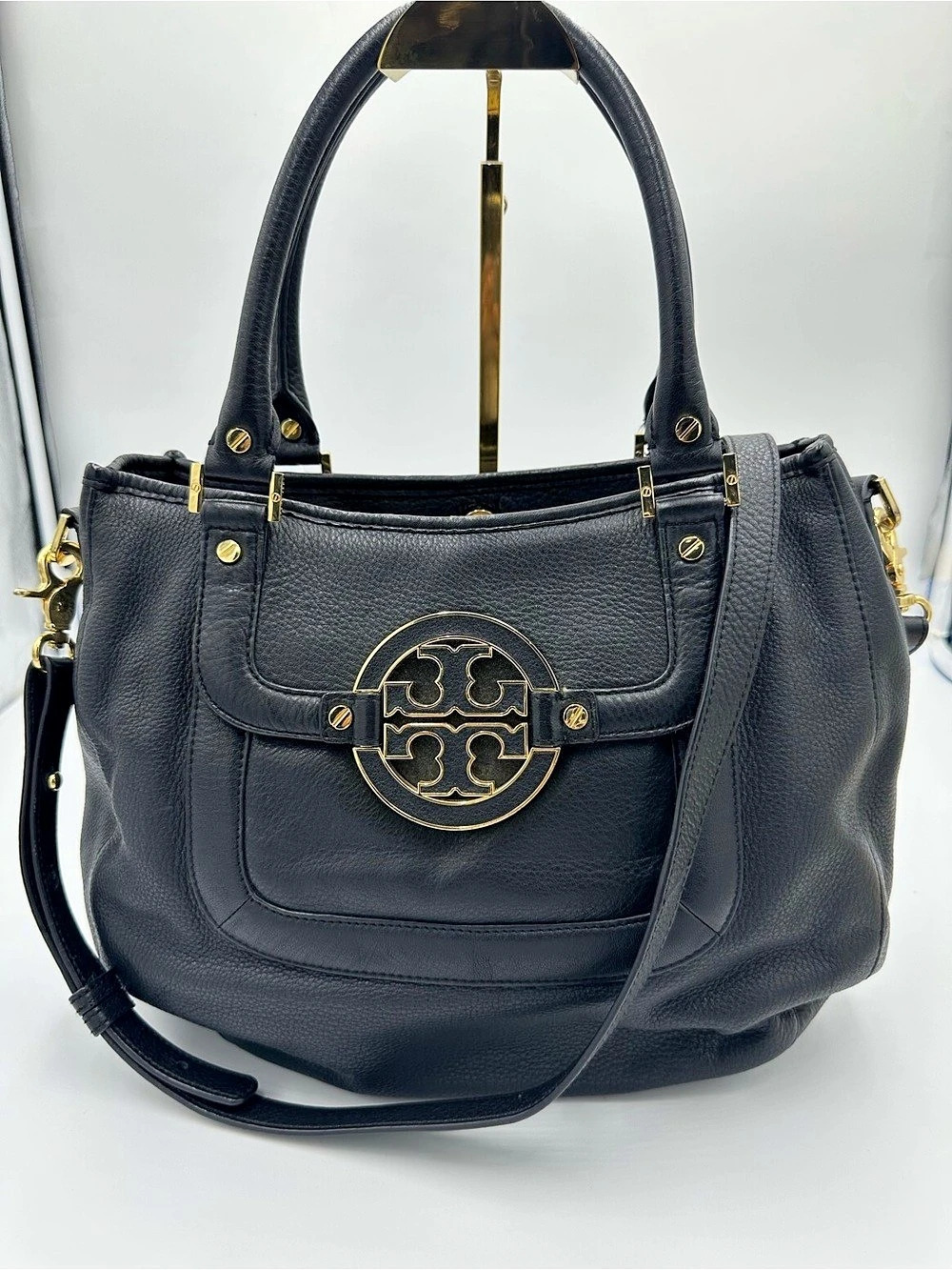 Tory Burch Meyer Plaque Tote Black Leather Bag